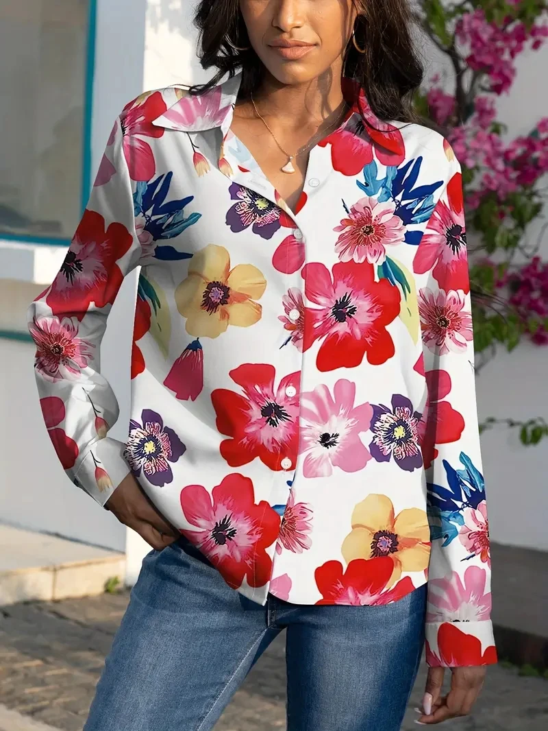 Fashion Women\'s Shirts & Blouses,Elegance Flowers Print Shirts,2024 Spring & Summer Women\'s Clothing Long Sleeve Blouse Tops