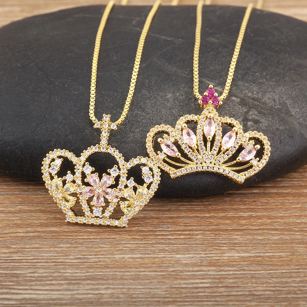 Nidin Light Luxury Trendy Crown Shape Shiny Zircon Charm Pendant Necklace 6 Styles For Women Girl Lucky Jewelry Delicate Gifts
