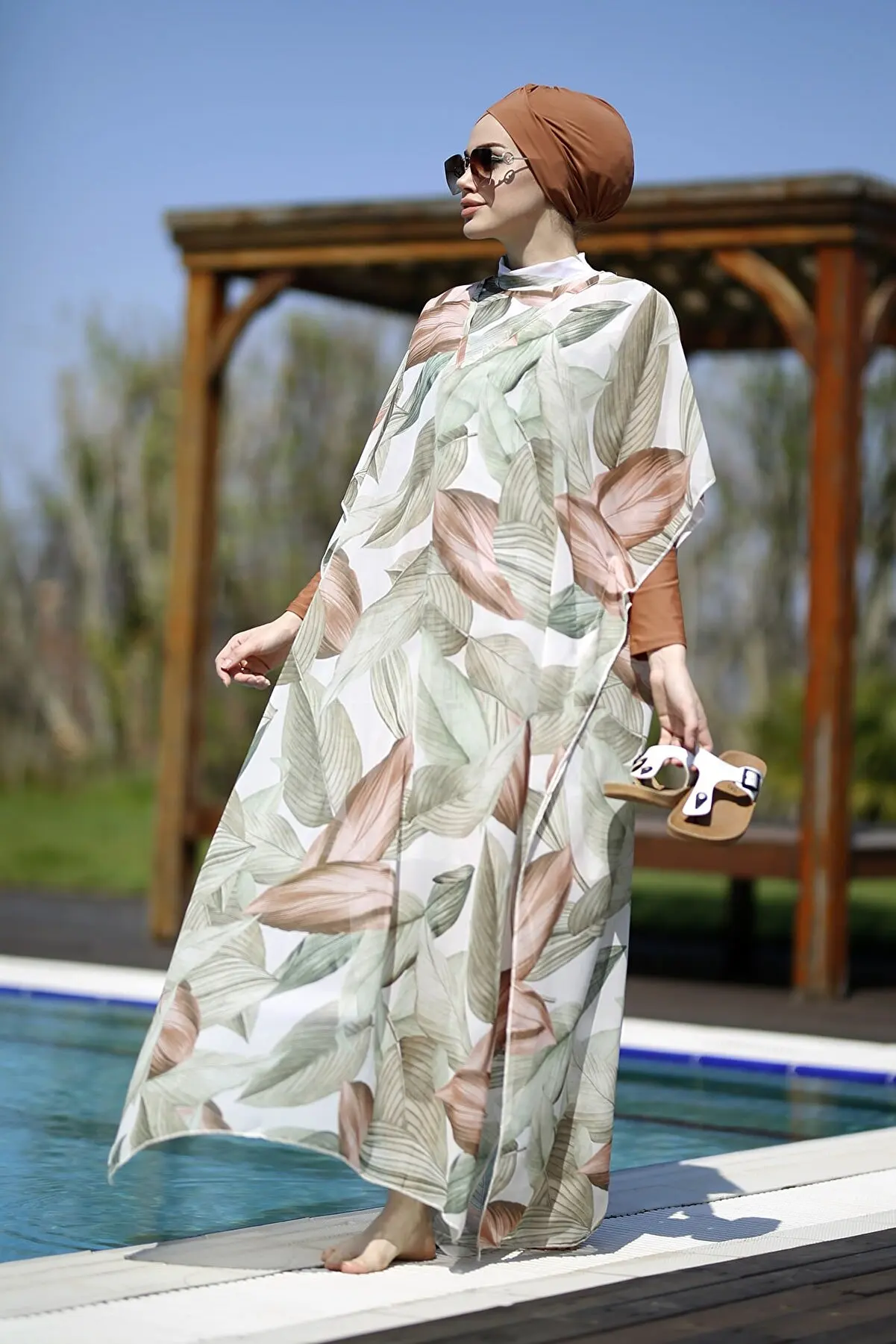 Patterned Hijab Swimsuit Kaftan Pareo Soft Leaves Women Floral Patterned Swimwear Summer Warm Pool Swimsuit