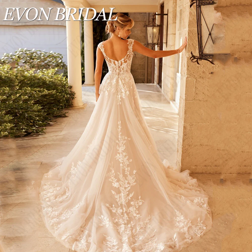 Evon Bridal aumenta el tamaño de la calcomanía del vestido de novia de manEVON-Vestidos De Novia De tul con Espalda descubierta, talla grande, Mangas De casquillo, apliques De línea A, Vestidos De Novia hechos a medida