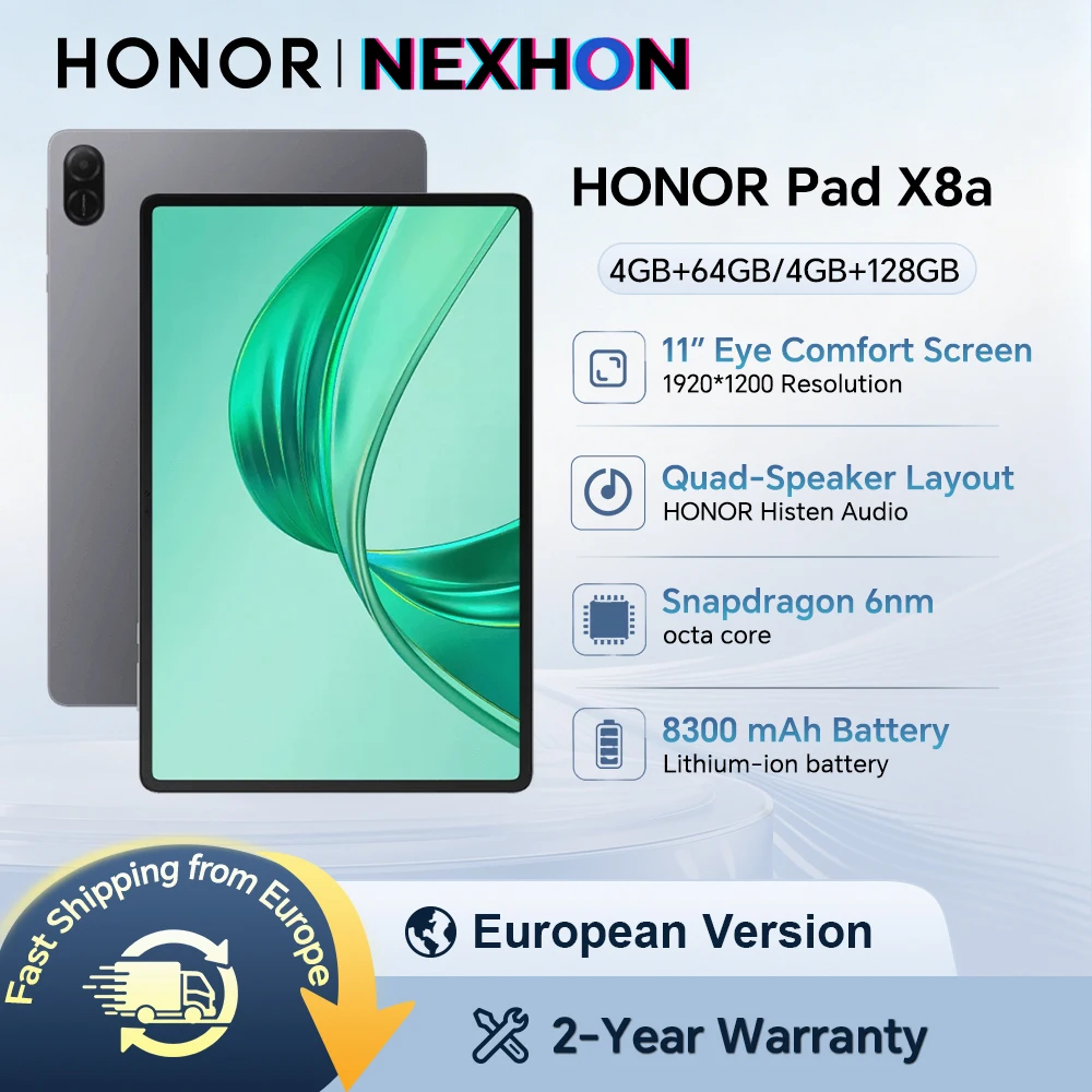 HONOR Pad X8a, version européenne, écran 11 pouces à taux de rafraîchissement élevé et protection oculaire, batterie 8300 mAh, quatre haut-parleurs, design métallique fin, tablette Android HONOR