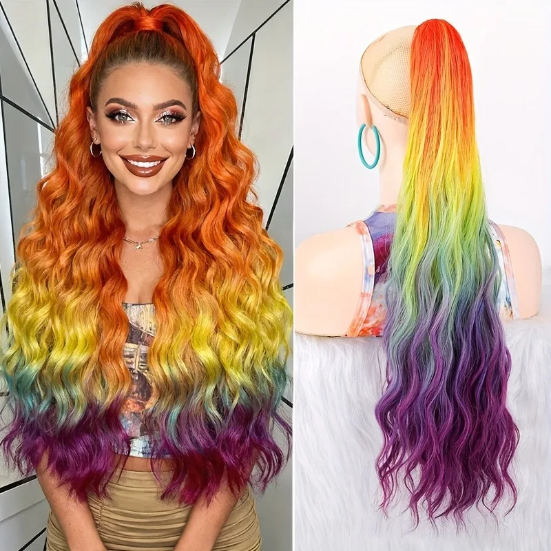 24Inch Long Rainbow Piano Color Water Wave Ponytail Hair Extensions with Claw Clip Adjustble Drawstring Hairpieces for Party Use