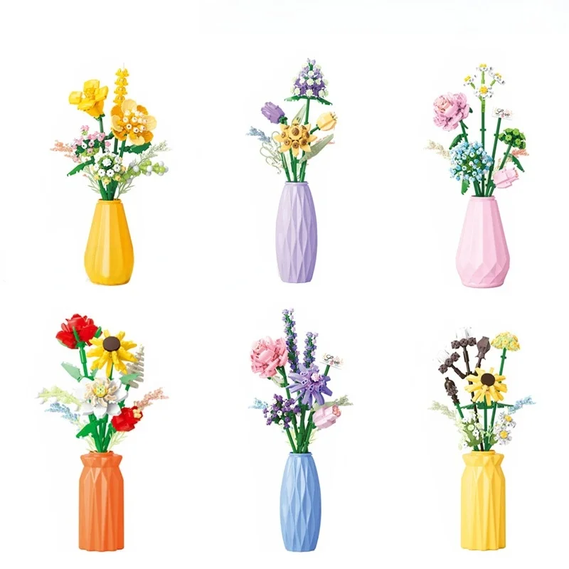 Blocs de construction de bouquet de Vase, décoration de vacances de fleurs, jouets cadeaux assortis pour enfants filles