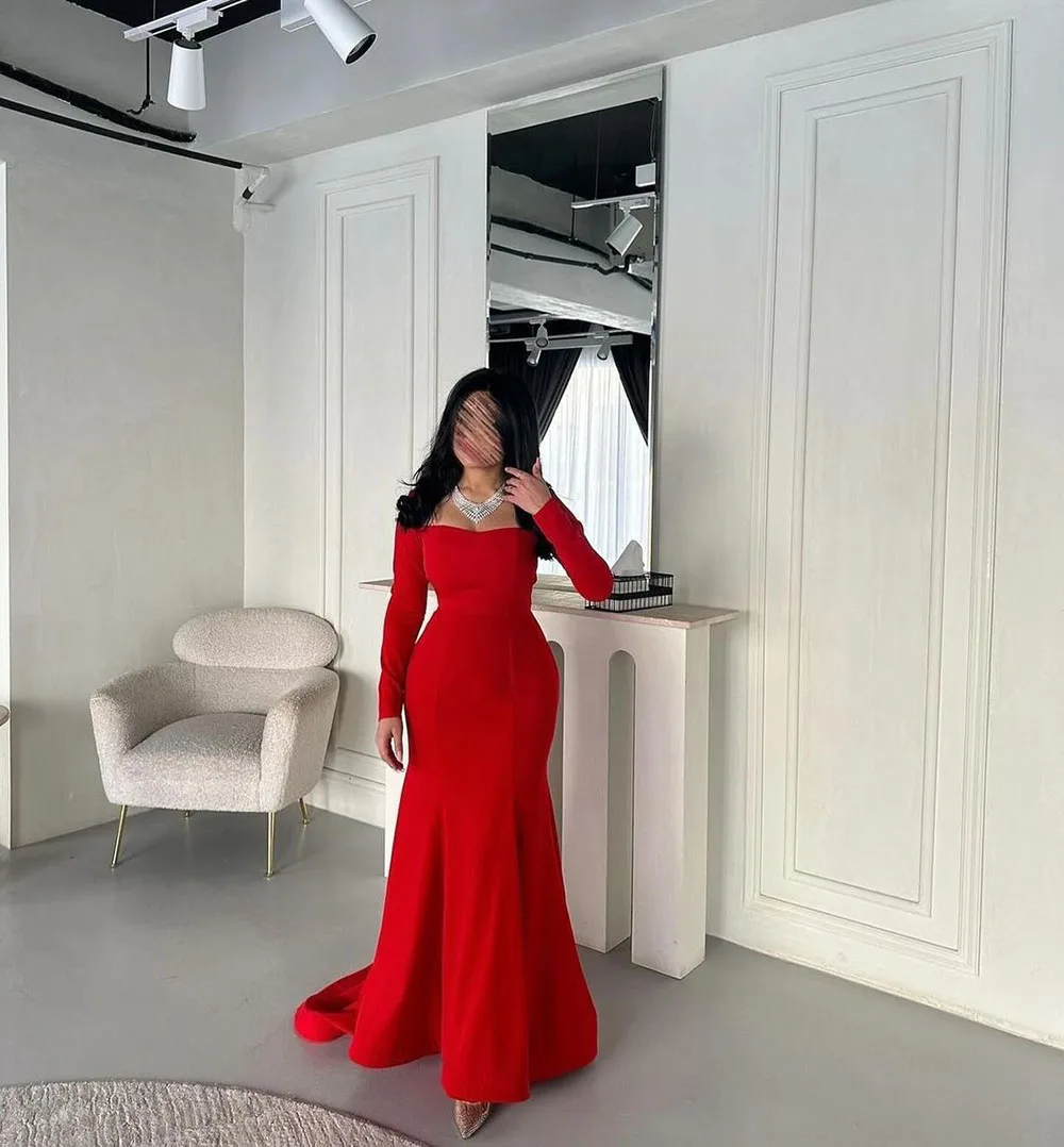 Msikoods Elegant Red Mermaid Prom Dress Elastic Satin Customized Long Sleeves Floor Length Formal Evening Dress vestido de gala