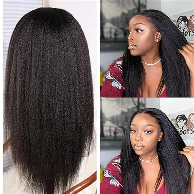 

Kinky Straight Yaki Human Hair Wigs180 Density Highlight Hd Lace Front Wig Black Brazilian 100% Human Hair 13x6 Wig For Women