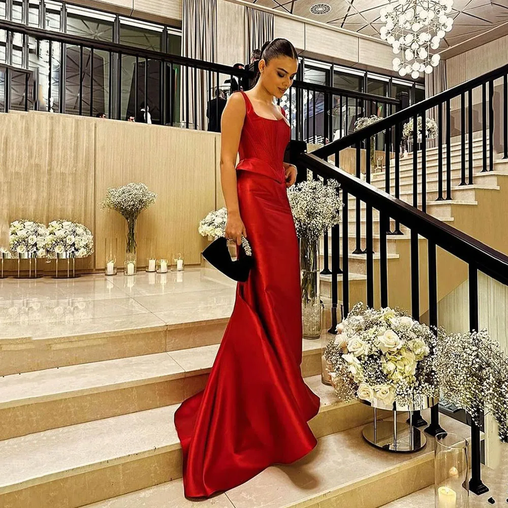 Msikoods Elegante rote Ballkleider für Frauen, plissiert, maßgeschneidert, glänzender Satin, Partykleider, arabisches Bankett, Abendessen, Evens Gala-Kleid