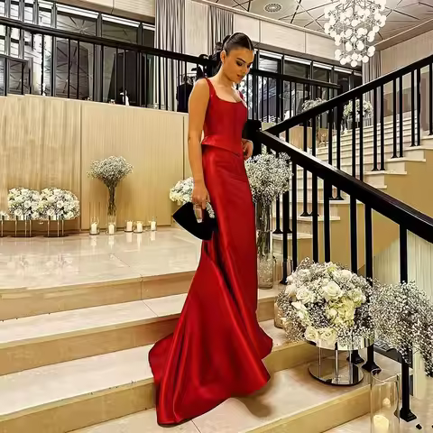 Msikood Simple Elegant Red Prom Dress 2026 Pleated 2 Pieces Satin Formal Dress Wedding Party Dress Evening Dresses Customized