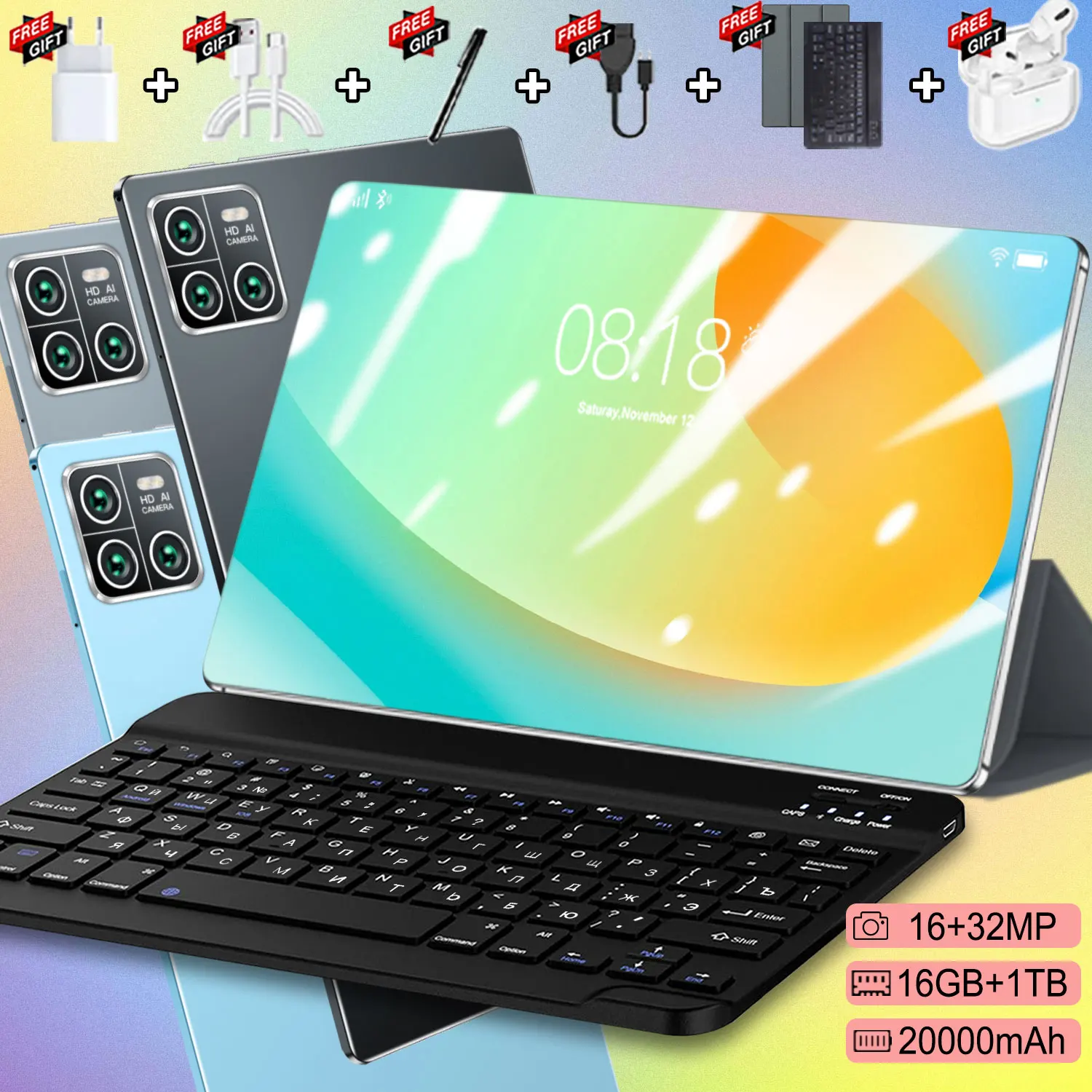 Tablette Android 13 Version Globale 2026, 10,36 pouces HD, 20000 mAh, 16 Go + 1 To, 5G, Double SIM, Wifi, Tablette PC
