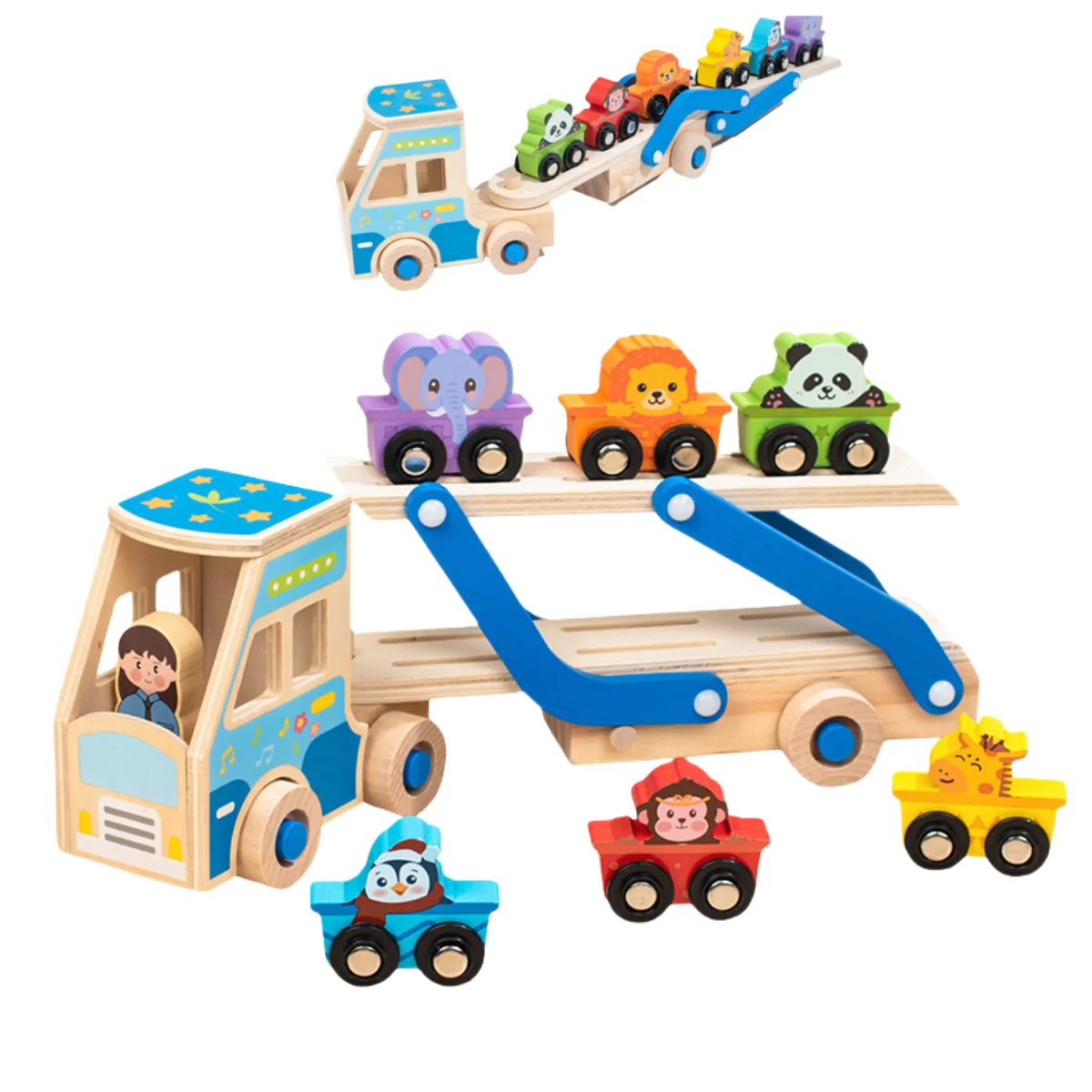 مونتيسوري الحيوان سيارات شاحنة طفل لعب خشبية قابلة للطي المسار مقطورة لعبة بطاقة مطابقة لعبة تعلم لعبة محرك غرامة للأطفال
