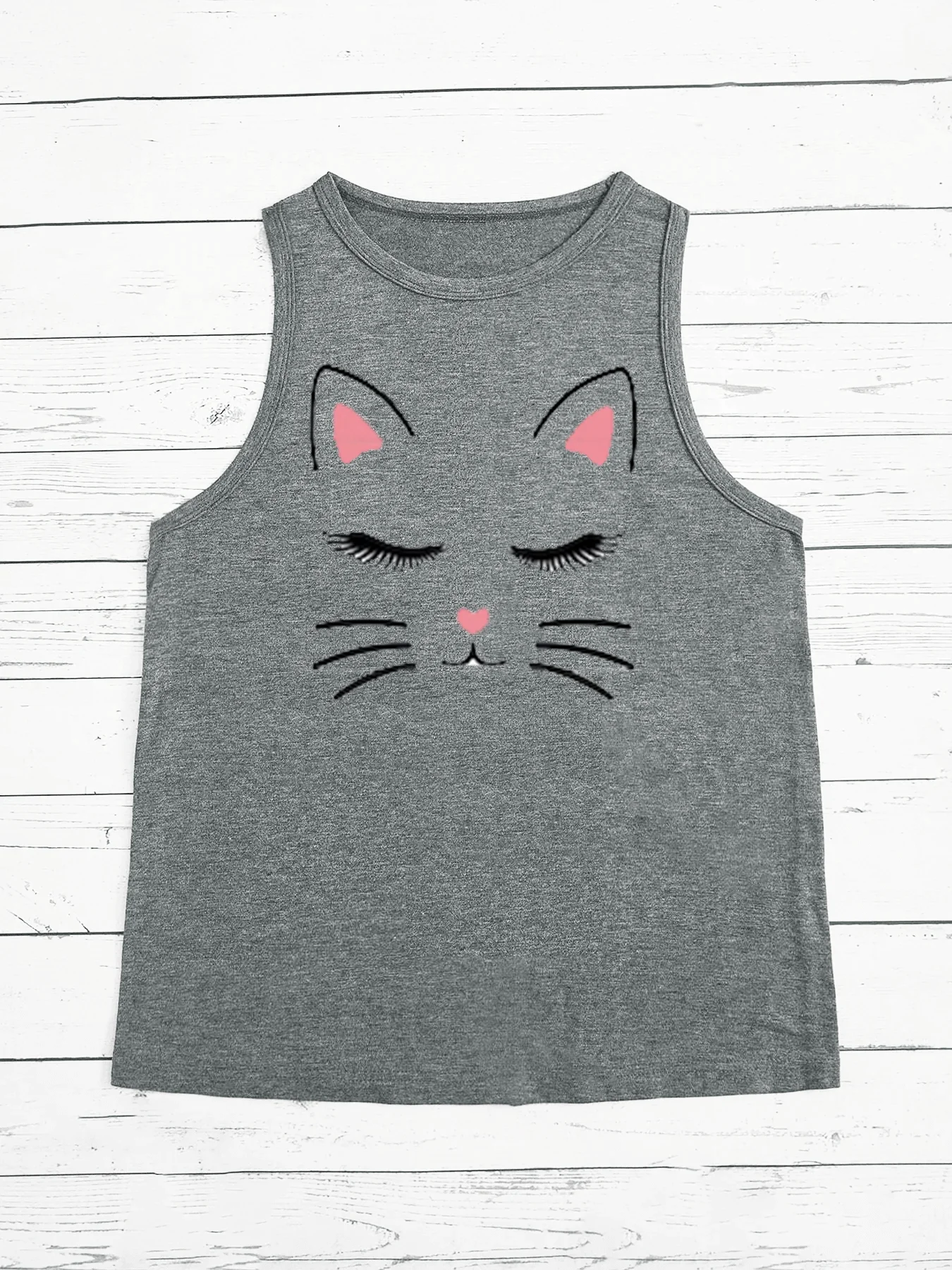 Sketch Style Happy Cat Loose O Neck Sleeveless Casual Women's Tank Top