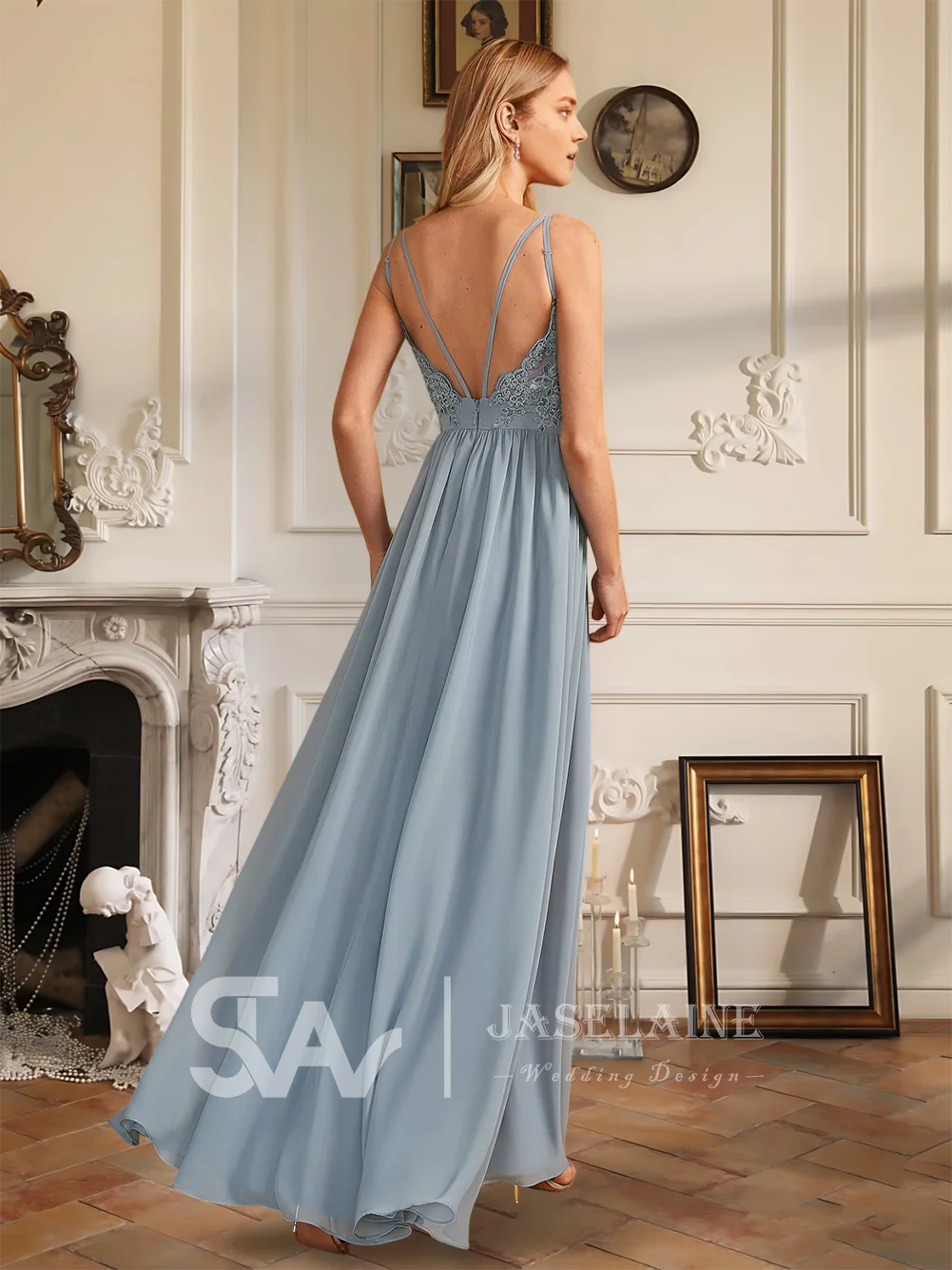 Luxury Royal Blue A-Line V-Neck Floor-Length Lace Ruffle Chiffon Bridesmaid Dresses Wedding Guest Evening Cocktail Gown 2025