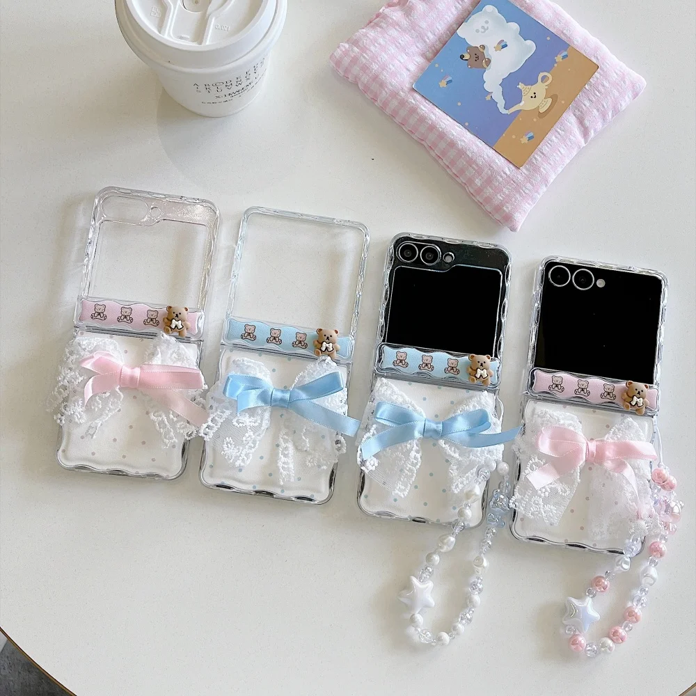 Kawaii 3D Bear Lace Bow Phone Case For Samsung Galaxy Z Flip 8 Z Flip 7, Z Flip 6, Z Flip 5 Cover Cute Anti‑Fall Protective Case