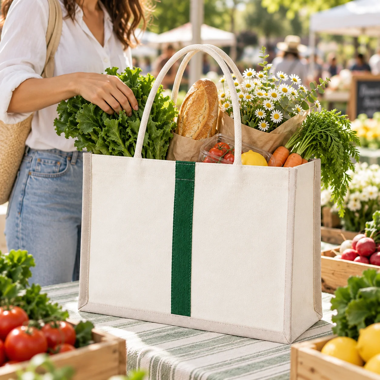 Premium Canvas Tote Bag – Minimalist Beige Tote with Green Stripe & Rope Handles – Large & Medium Sizes, Spacious Reusable Shopping Bag for Daily Use, Beach & Travel