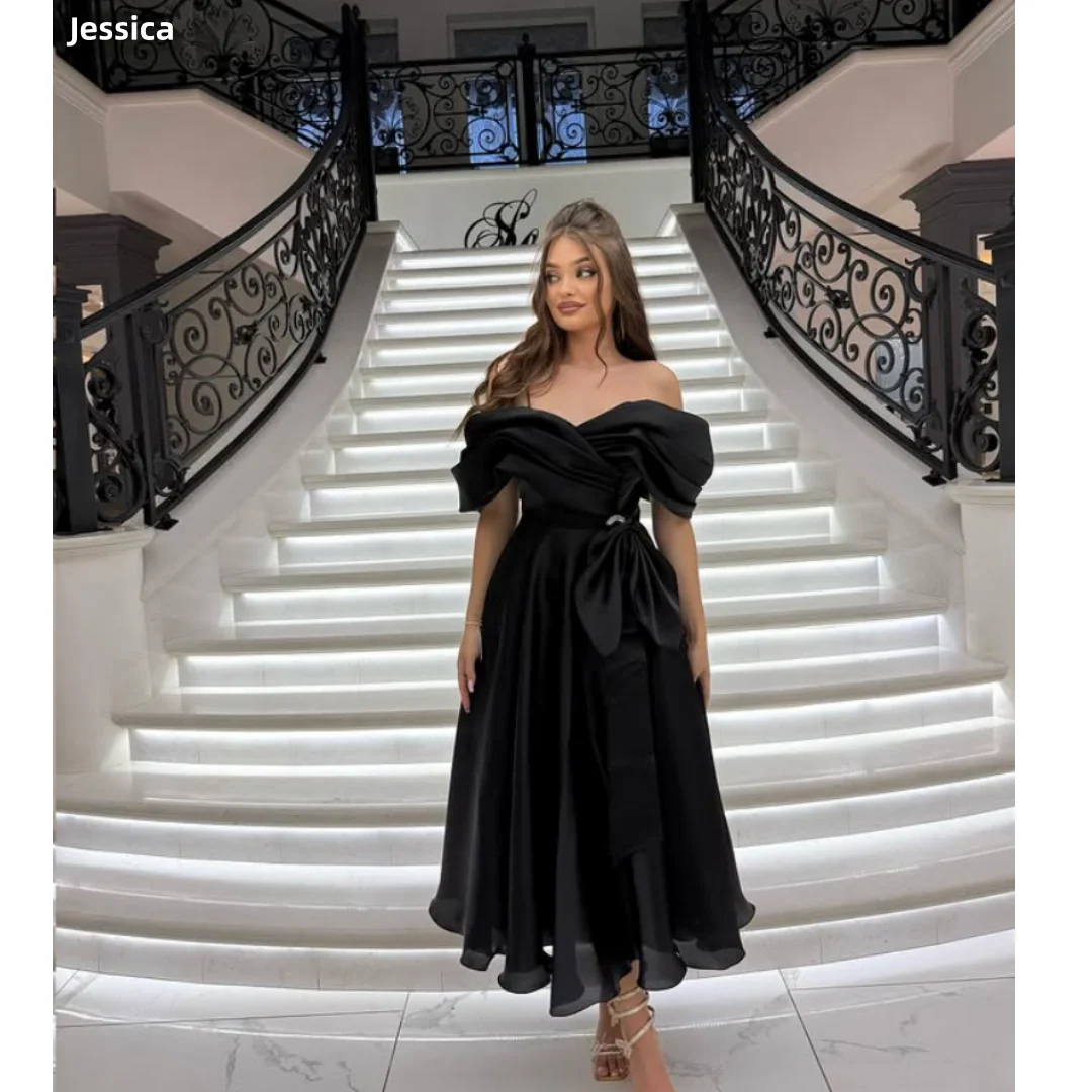 

Jessica Black Evening Dresses Pleated Satin Ankle Prom Dresses Off-shoulder Elegant Lady Party Dresses Customized