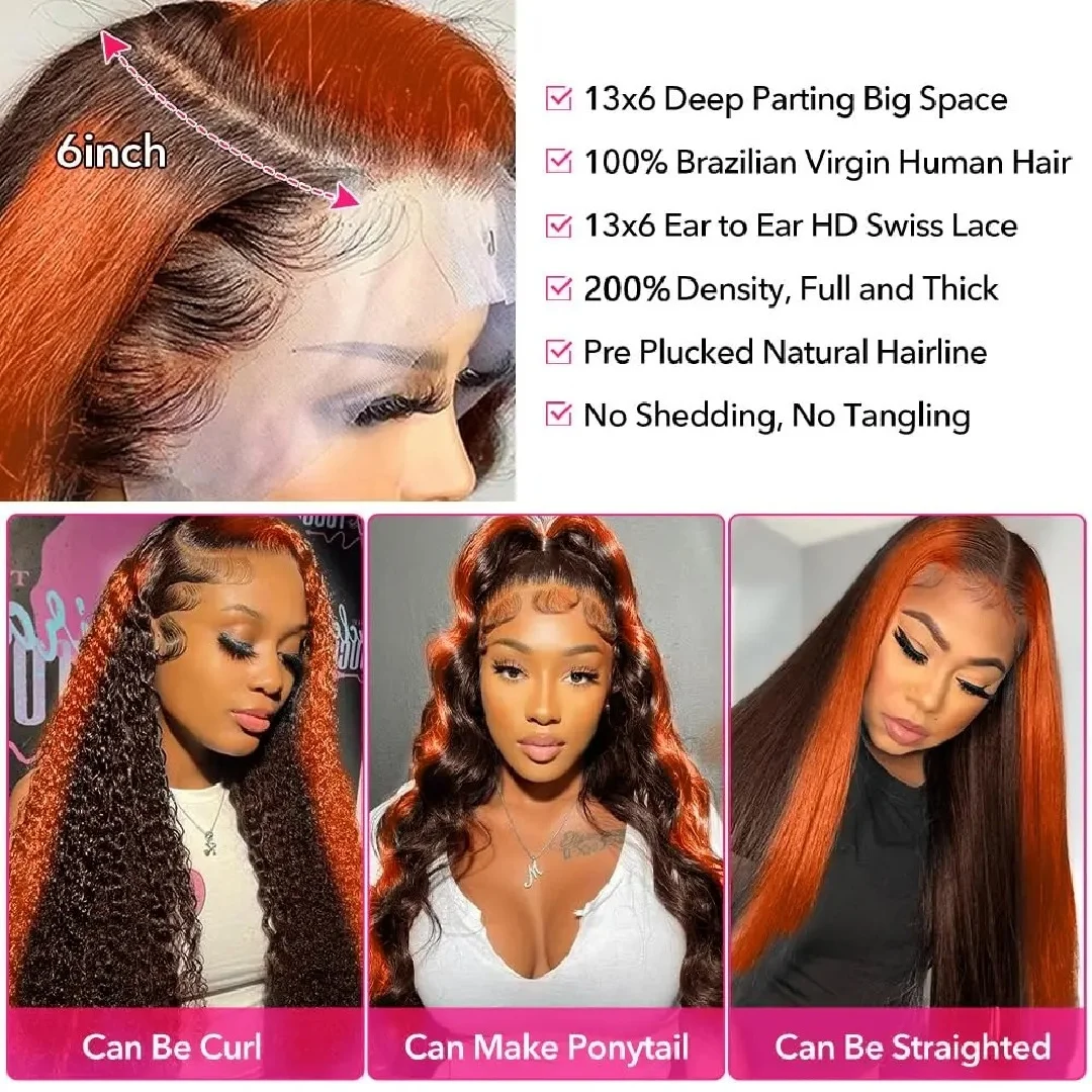 30 32 Inch Highlight 13x6 HD Lace Front Wigs Human Hair Ginger Orange 1B/350 Wet And Wavy 13x5 Body Wave Ombre Wig For Women image 6