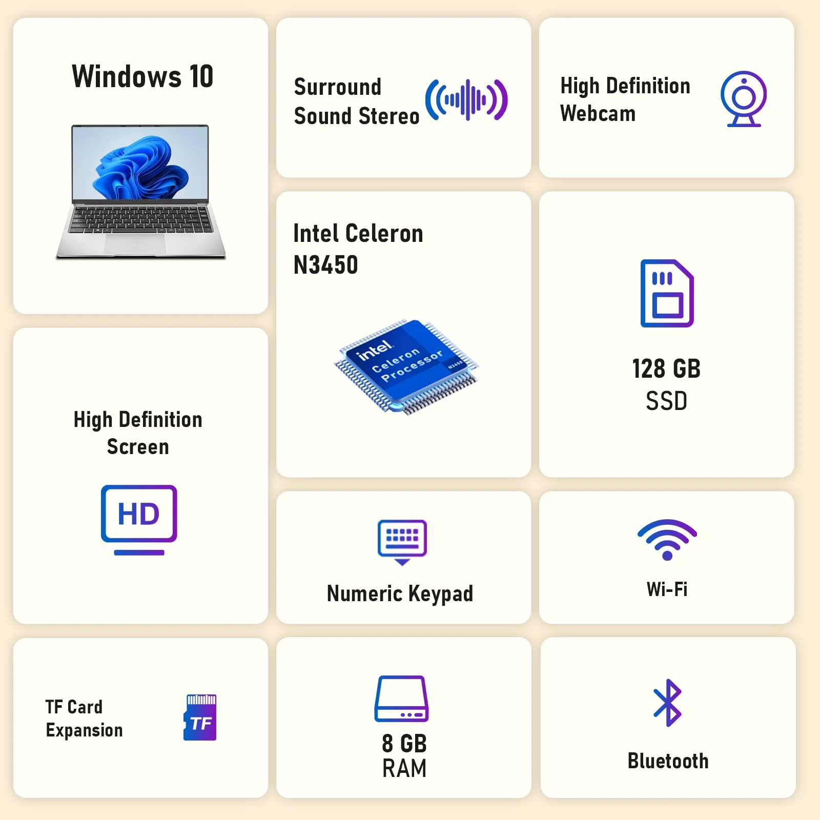 Brand New 14.1 Inch Laptop Intel Celeron N3450 8GB RAM 128GB SSD FHD 1920x1080 Notebook Windows 10 Pro WiFi Dual Band Bluetooth 5.2 Lightweight Portable Computer for Student Office Business Home France Stock Multi Language System Laptop Duty Free Shop