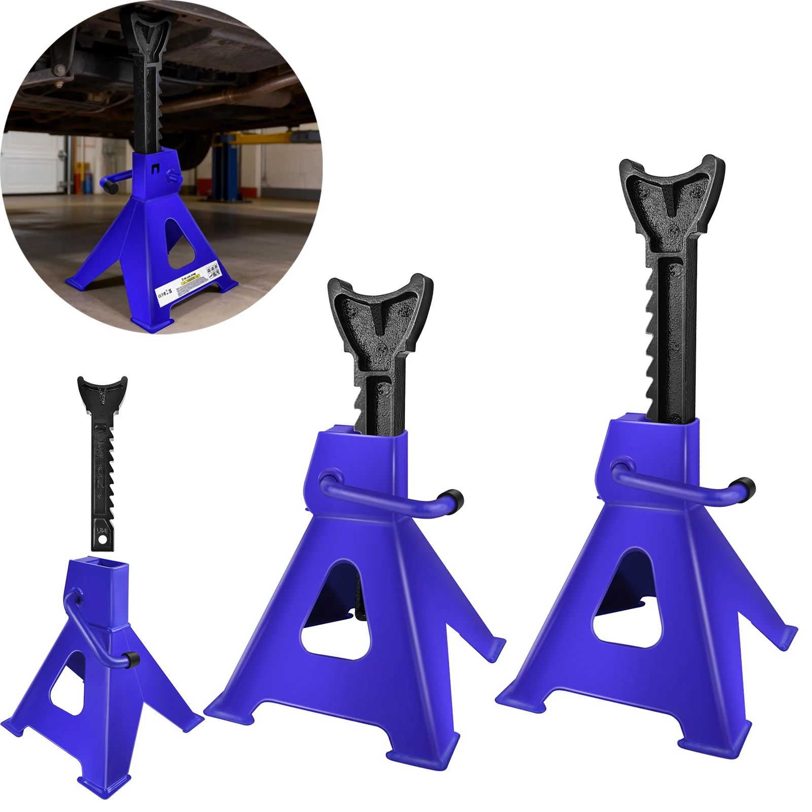 Juego de 2 soportes de elevación para vehículos pesados de 3 toneladas, soportes de seguridad con trinquete para camiones, altura ajustable de 29–43 cm, herramientas de soporte para cambio de