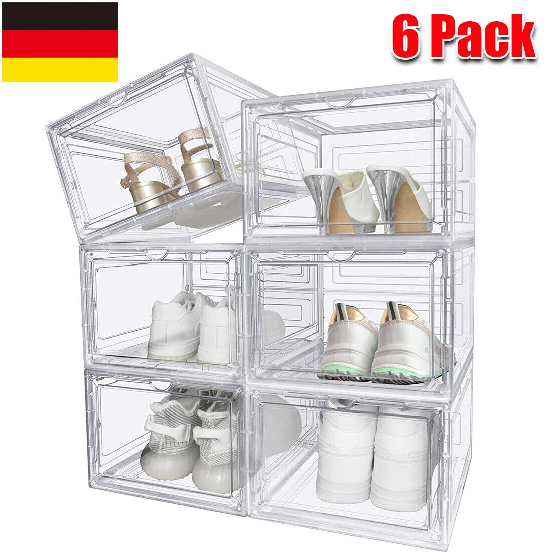 6er-Set transparente Schuhboxen, stapelbare Schuhaufbewahrungsboxen aus Kunststoff, Schuh-Organisationsboxen, transparente Aufbewahrungsbox für Schuhe, platzsparende Schuhboxen für den Schrank.