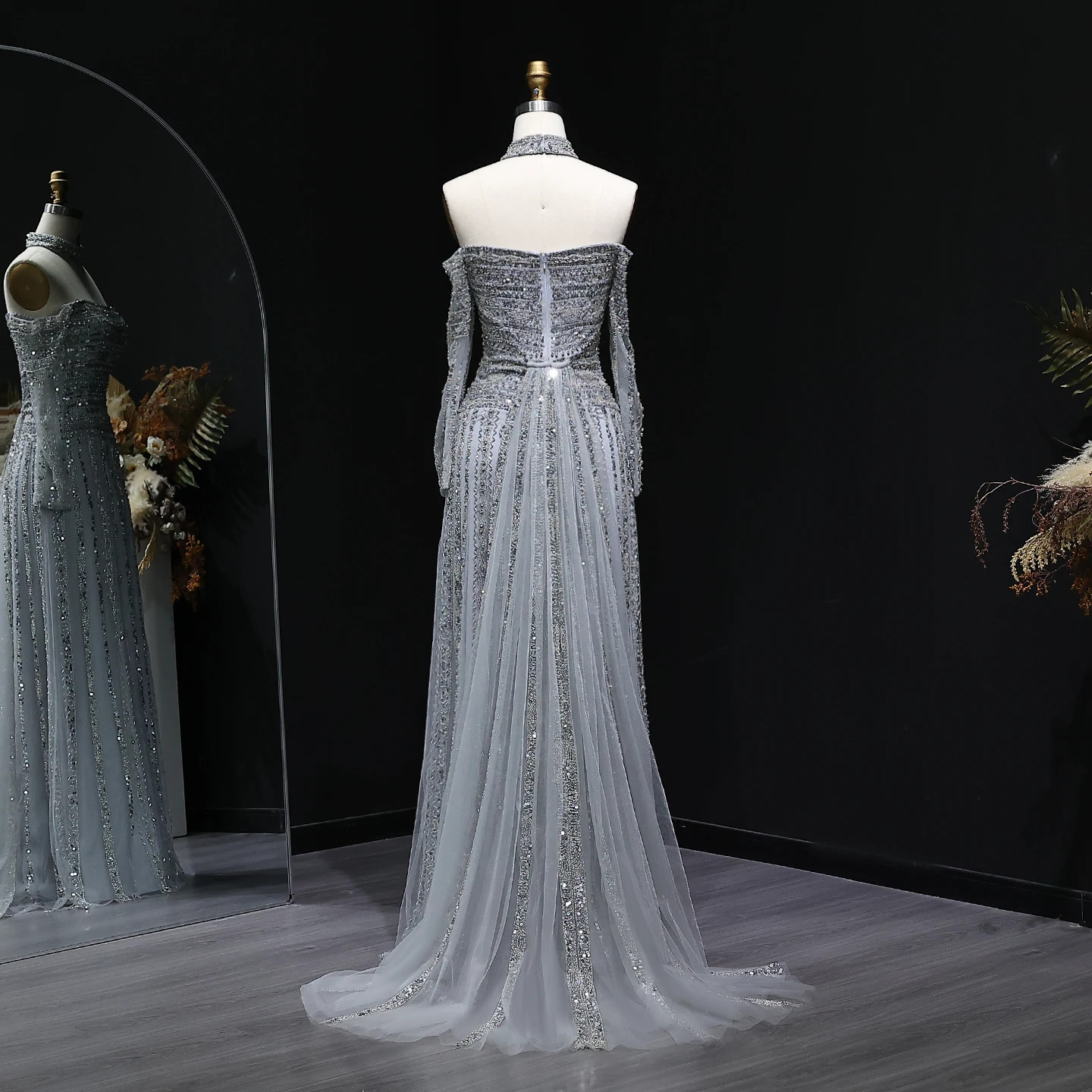 Sharon Said Luxury Silver Beaded Elegant Off Shoulder Evening Dress with Choker Long Sleeves Luxury Wedding SS178 Customized