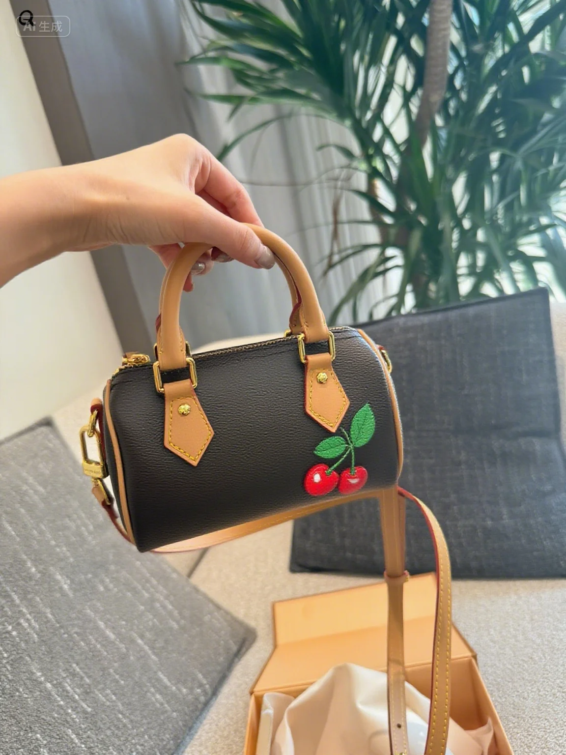 

2025 New and Fashionable Embroidered Cherry Denim Handbag Bow Zipper Pillow Bag ZXM005