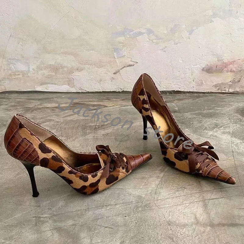 2024 Fashion Leopard Print Pointed Toe Pumps Cross Straps Sexy Stiletto High Heels Hot Girl Shallow Mouth Slip On Women Shoes