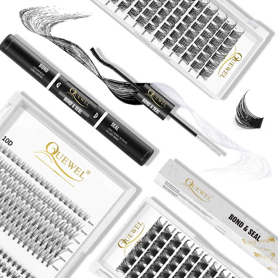 Quewel Lashes C/D Curl Clusters Segmented 72 Volume DIY Lashes Bond and Seal Lash Glue 72 Hours Long Lasting Glue Lashes Remover