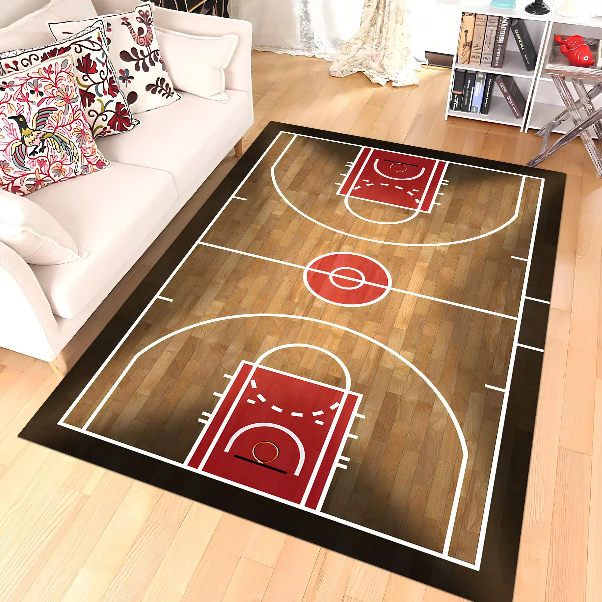 Basketball Court Sports Rug Popular Rug Brown Court Rug for Living Room Decor Non-Slip Soft Flannel Home Bedside Carpet Gifts