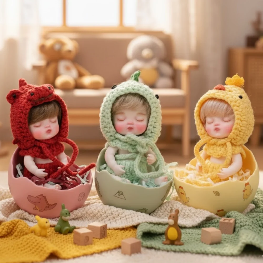 

3pcs Cloveray New Original 5-inch Porcelain Doll Super Cute With Eggshell All Ceramic Doll Knitted Animal Set Handmade Art Gift