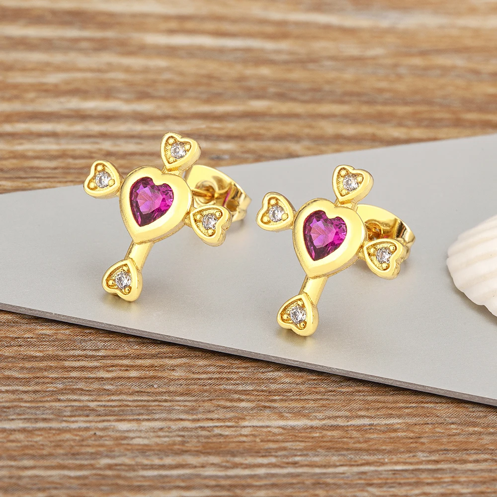 Nidin New Trendy Heart Shape Inlaid Rose Red/White Shine Zircon Charm Stud Earrings For Women Ear Jewelry Valentine\'s Day Gifts