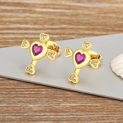 Nidin New Trendy Heart Shape Inlaid Rose Red/White Shine Zircon Charm Stud Earrings For Women Ear Jewelry Valentine's Day Gifts