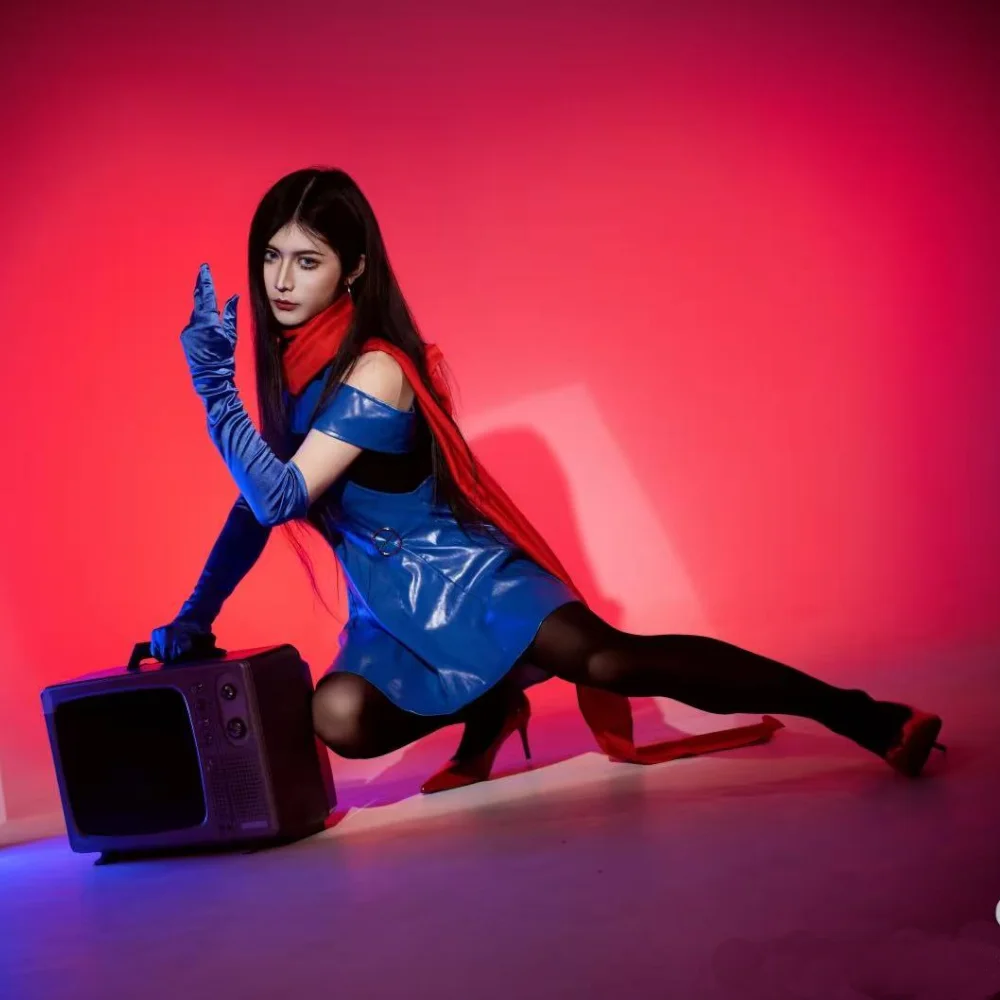 Disfraz de Cosplay de Lisa Lisa JoJo's Bizarre Adventure Vestido de Cuero PU para Mujer Traje de Fiesta de Halloween con Bufanda Roja Set Completo