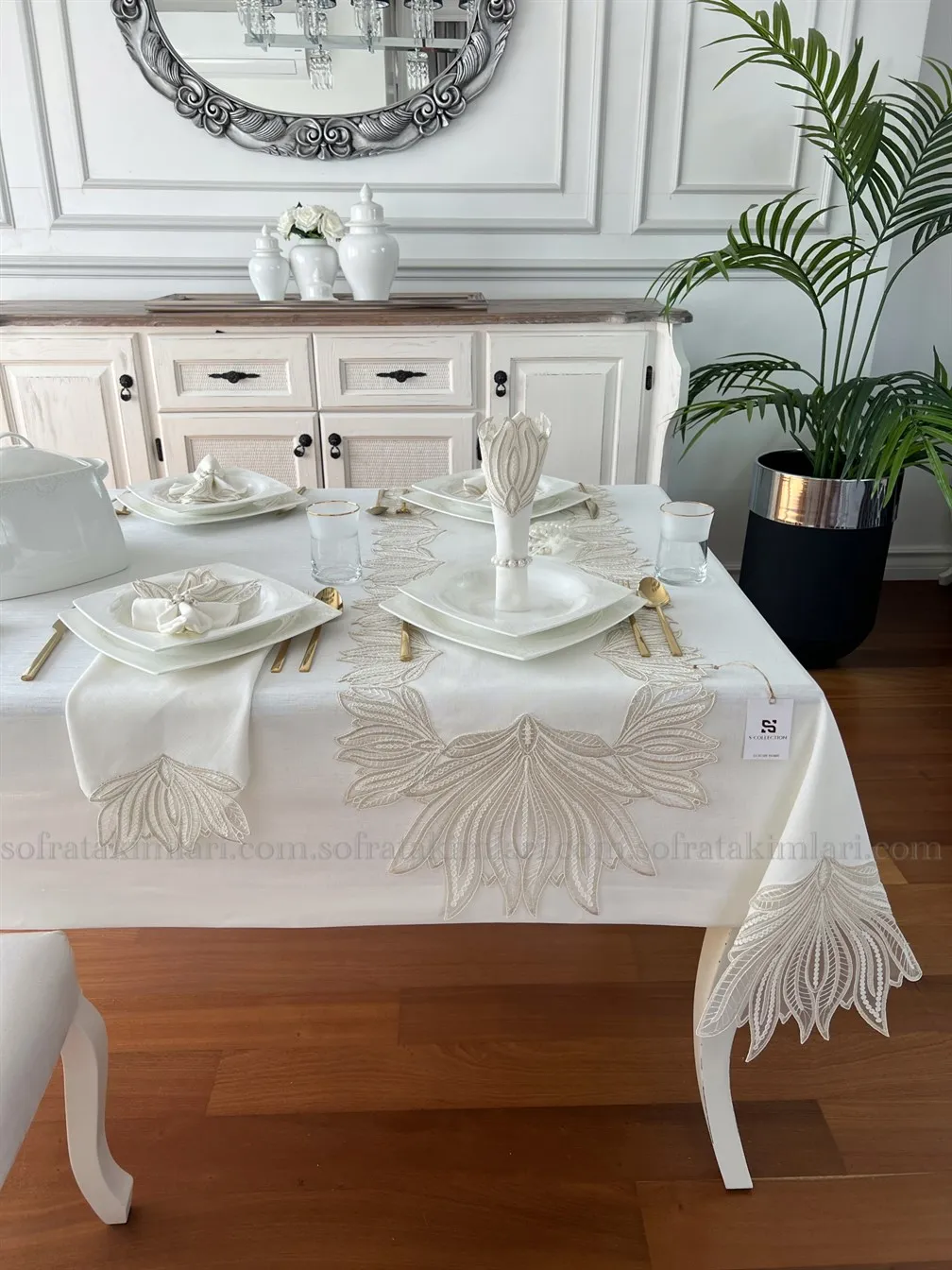 12 Person 26 Piece Fabric Cactus Eco Table Cloth Set Lacy Embroidered Runner Napkin Service Set Fast Shipping from Turkey