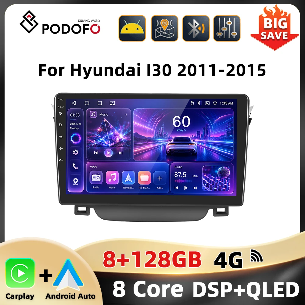 Autoradio Podofo 8 cœurs 2DIN pour Hyundai I30 2011-2015, navigation GPS, Carplay, Android Auto, 4G WIFI, DSP, lecteur multimédia 8+128G