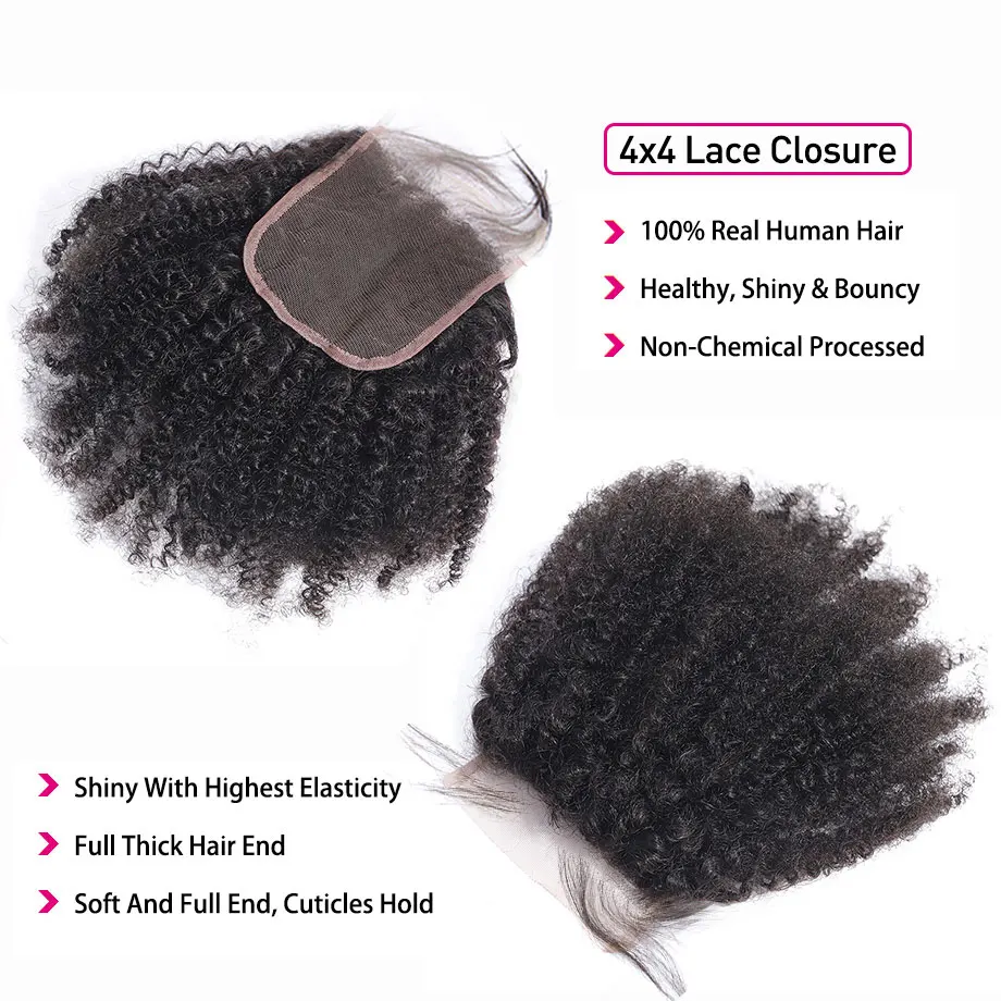 Human Hair Kinky Curly Bundles with Closure Afro Kinky Curly 3-4 Bundles with Closure 100% Curly Human Hair 4x4 Pre Plucked