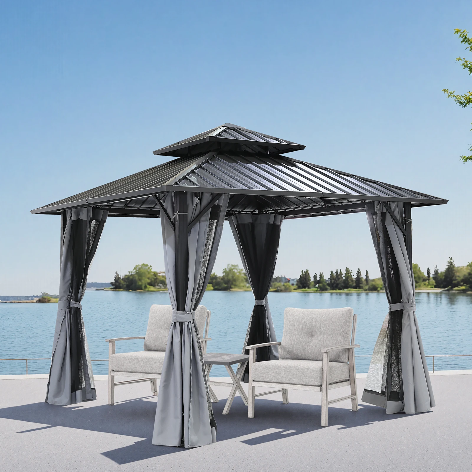 شرفة شرفة SeeHill بإطار من الألومنيوم مقاس 10 × 10 بوصات، وعريشة فناء خارجية مع أسطح فولاذية مزدوجة وستائر وشبكة #1