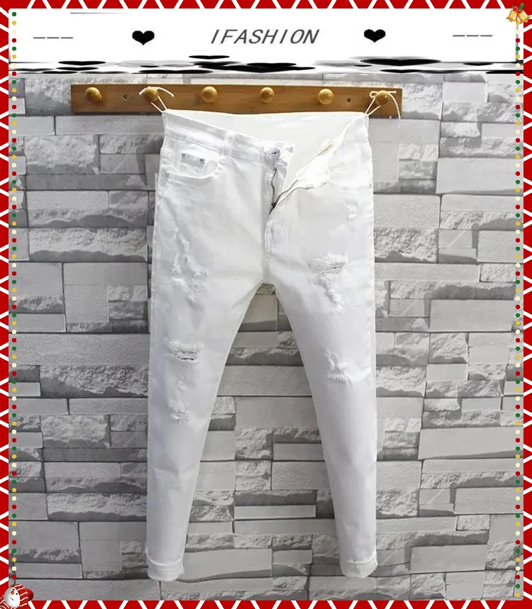 

Fashionable street style luxury Korean style slim fit cotton ripped stretch casual jeans for men aged 29-40