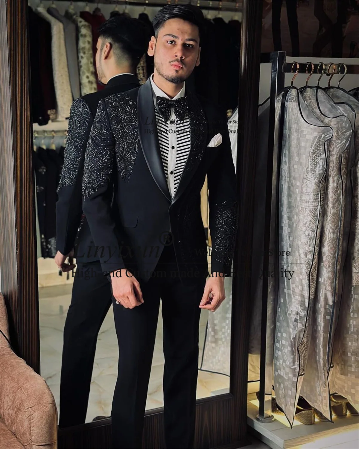 Shiny Beaded Embroidery Men Suits For Wedding Shawl Lapel Male Prom Blazer 2 Pieces Sets Groom Tuxedos Terno Masculino Completo