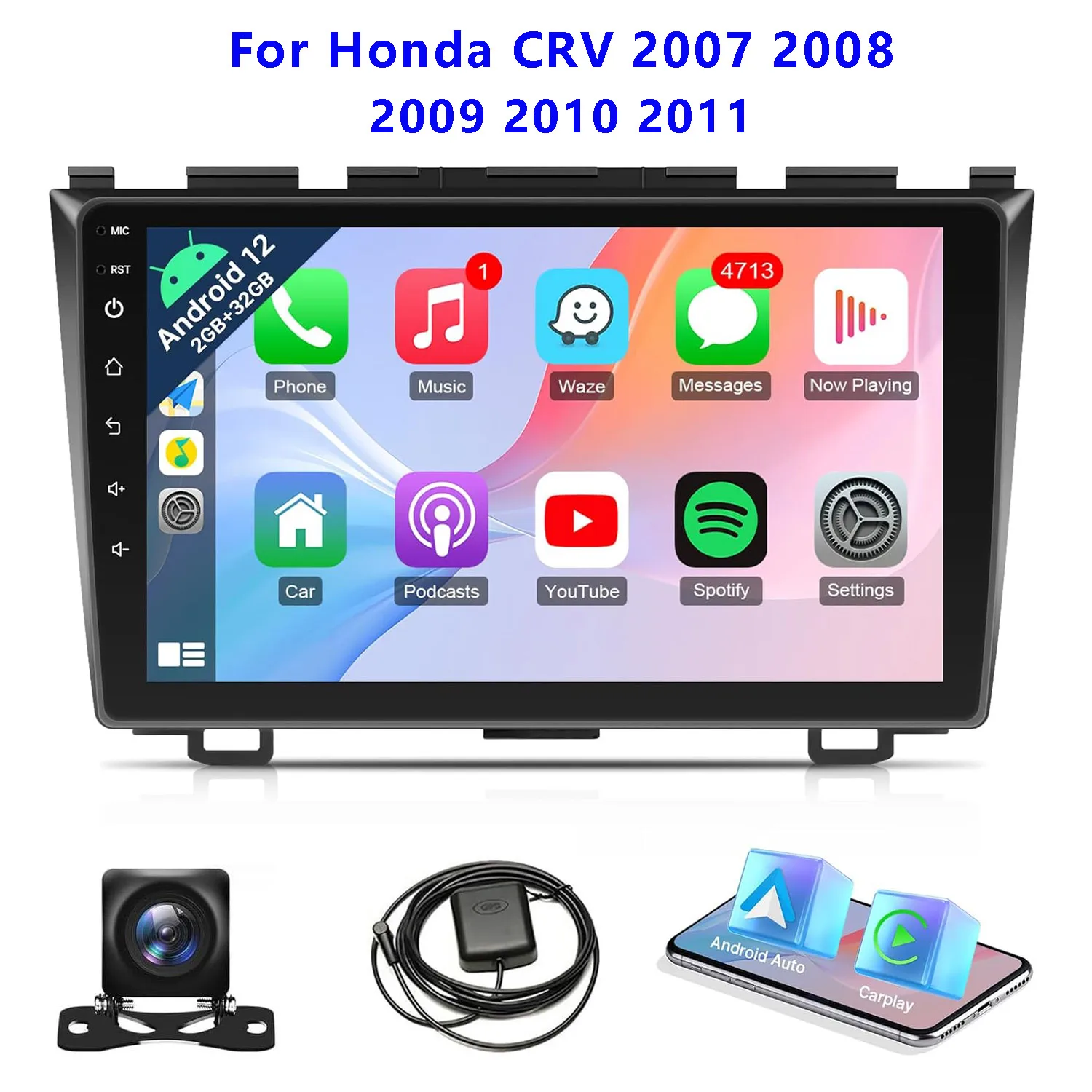 9 Inch Wireless Car Radio for Honda CRV 2007-2011 CarPlay Android Auto Touch Screen Car Video Player with Backup Camera GPS WIFI