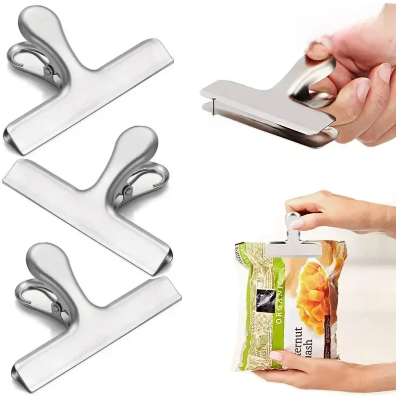 Clips de sac en acier inoxydable pour aliments, 3 pièces, Clips alimentaires en métal argenté robuste, pinces à papier de bureau, Clips de collation à joint étanche à l'air
