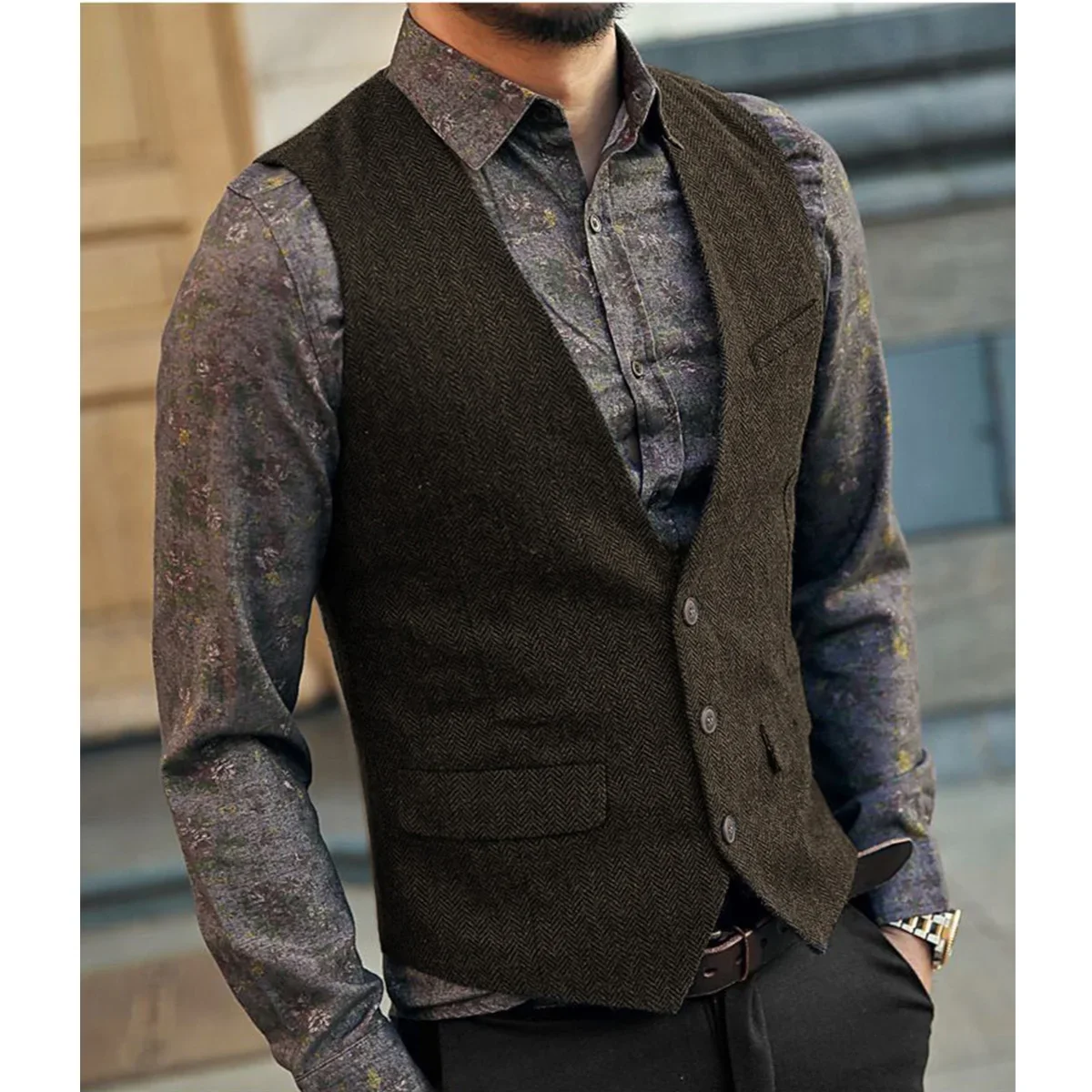 Szczupła kamizelka męska Tweed kamizelka kamizelka w stylu Vintage w jodełkę dekolt w serek Casual wełniane garnitury drużbów kamizelka na ślub XS-5XL — zdjęcie 2