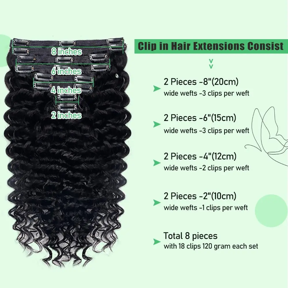 Clipe de onda profunda em extensões de cabelo para mulheres negras, cabelo humano real, encaracolado, remy, brasileiro, 8pcs