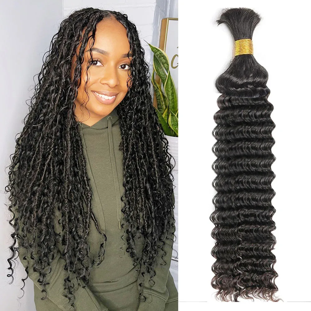 100g Human Braiding Hair No Weft Brazilian Deep Wave Bulk Human Hair for Braiding Hair Extensions for Boho Braids Wet and Wavy