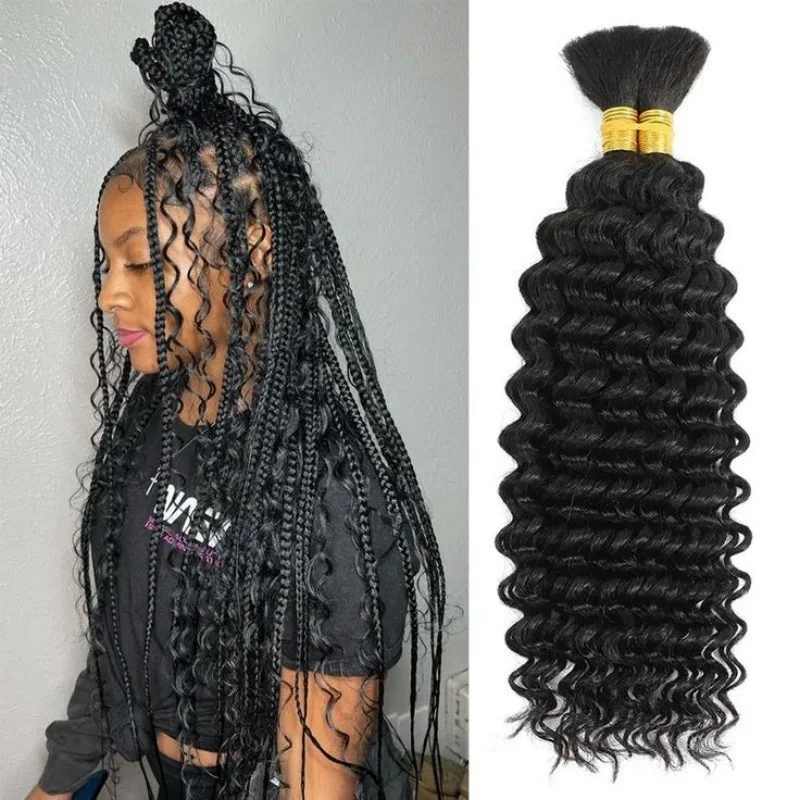 Remy Hair Deep Wave Braiding Hair Natural Black Curly Human Hair Extensions 28 Inch No Weft Boho Braids Hair Extensions For Women