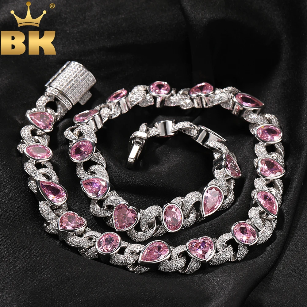 

THE BLING KING 12mm Pink Heart Oval Shaped CZ Cuban Necklace Iced Out Shiny Cubic Zirconia Charm HipHop Jewelry For Party Gift