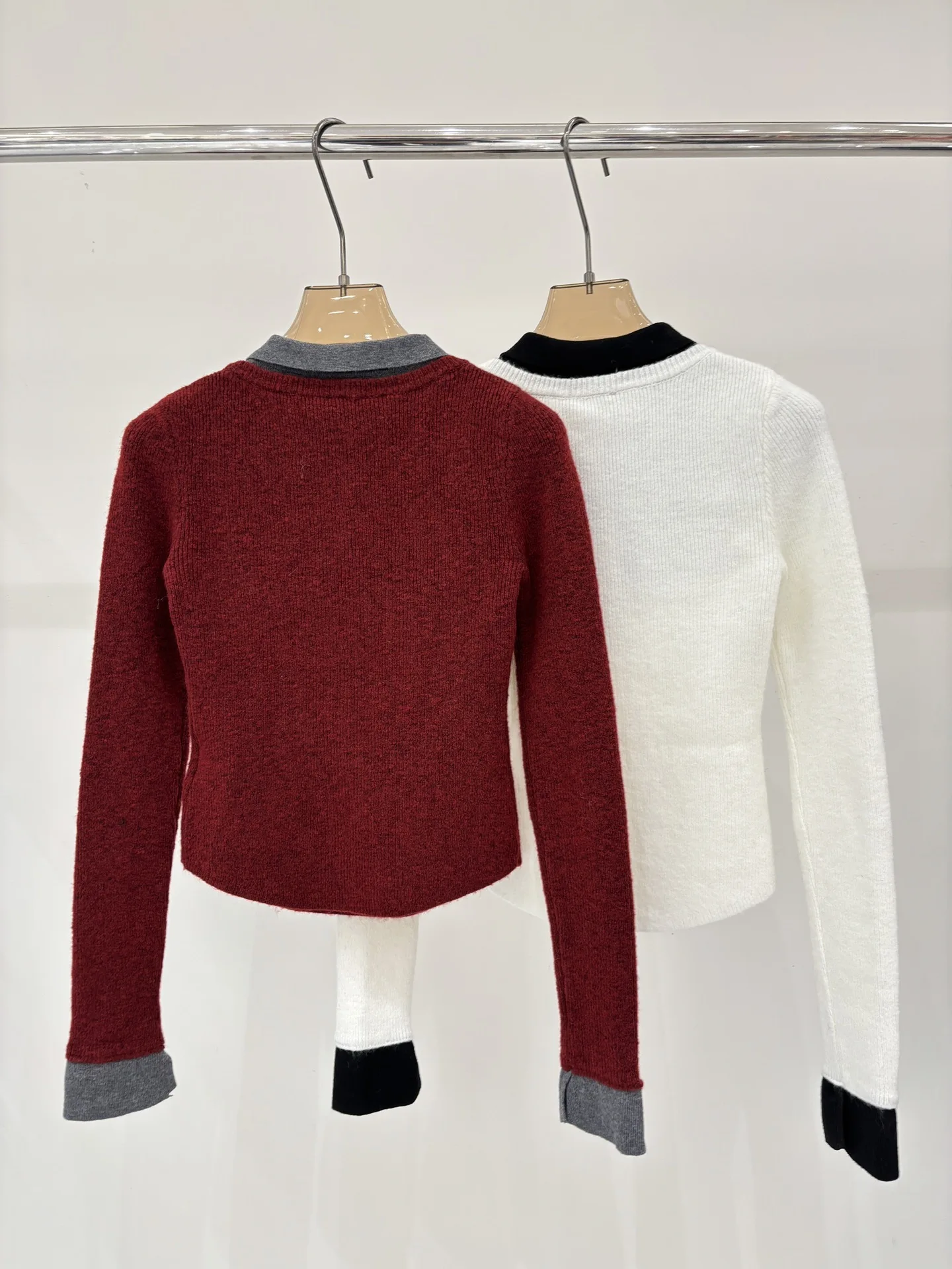 

25 autumn/winter new women's clothing versatile and fashionable temperament, lapel contrasting long sleeved short sweater