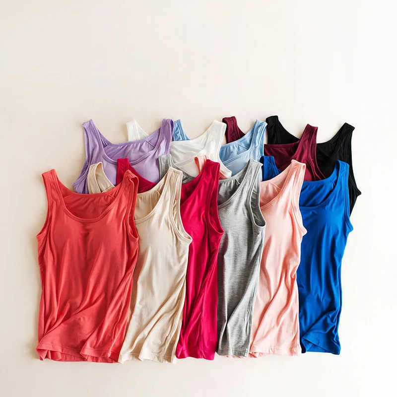 Modal Women's Camis with Padded Wireless Bust Solid Color Tank Basic Layer Tops Undershirts Camisole Female Outwear C5837