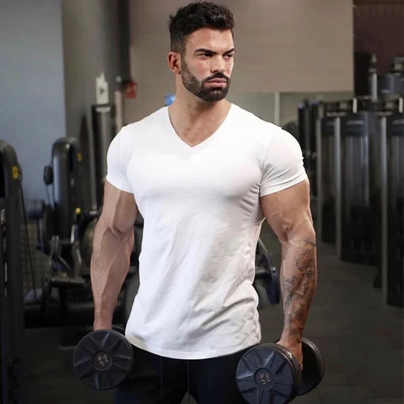 T-shirt de sport en coton uni pour hommes, vêtements de Fitness d'été, col en v, manches courtes, coupe cintrée, musculation, entraînement