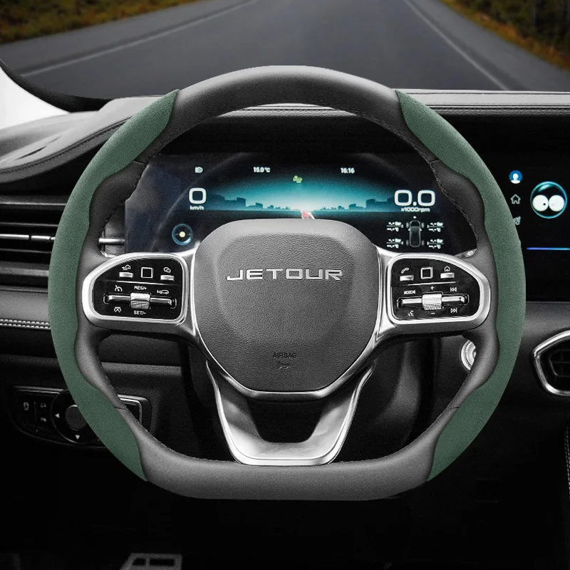 Applicable to ​ Jetour Snap-On Segmented Suede Steering Wheel Cover with Anti-Slip Quick-Install Design for X70 X90 Plus T2 T1 Dashing G700 X50 I-Dm Green Black Red Brown Mocha Color Orange Car Accessories