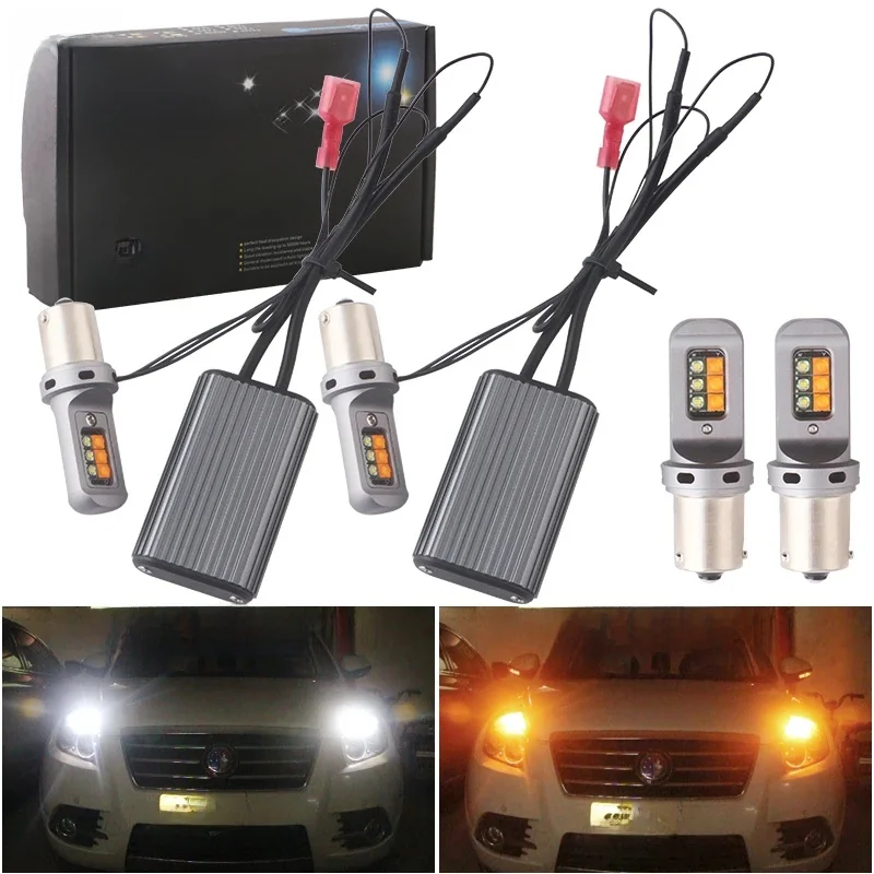 1 Zestaw LED Samochodowych Świateł DRL Kierunkowskazów 2 w 1 BA15S BAU15S PY21W Canbus 3535 Bez Hiperflash T20 7440 W21W Dwukolorowe 12SMD Biało-Żółte 12V — 2