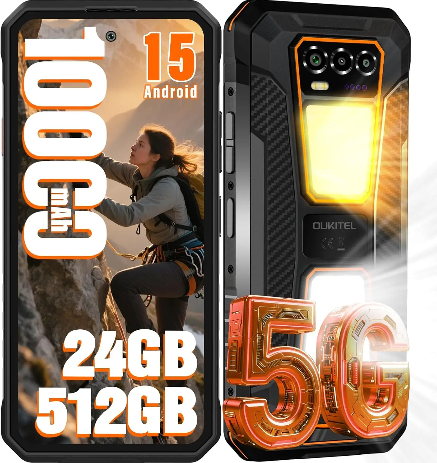 OUKITEL WP58 PRO 5G Robustes Smartphone, Entsperrt - 6,7 Zoll 120Hz Display, 24GB+512GB Speicher, 10000mAh Akku, Dual-SIM, Camping-fähig